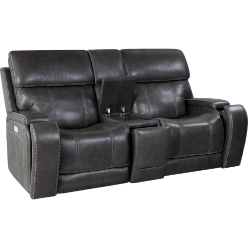 Glenwood Power Recline Console Loveseat w/ Lay Flat, Head Rest & Lumbar in Gray Top Grain Leather